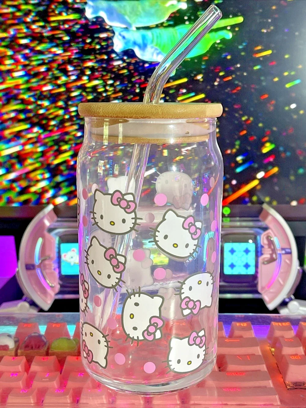 Hello Kitty Glass Tumbler Lid Straw Face Pink Bow Polka Dot Clear 2024 Sanrio